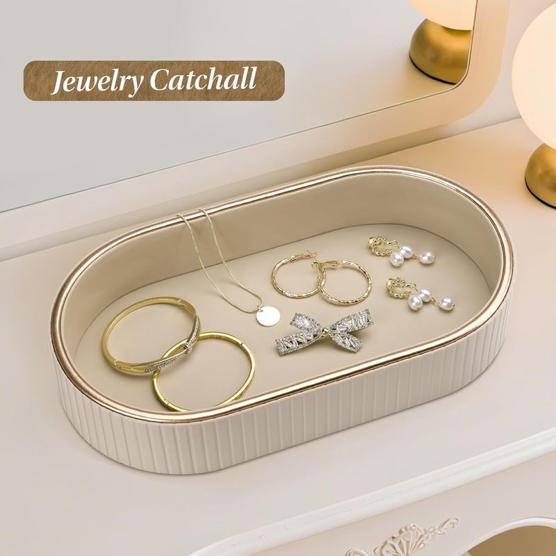 GORESE PU Leather Perfume Tray Nightstand Organizer, Small Oval Desk Tray Jewelry Trinket Trays Valet Organizer Key Bowl for Entryway Dresser Bathroom, Catchall Trays for Men Women, 11×5.9 in, Beige - Image 4